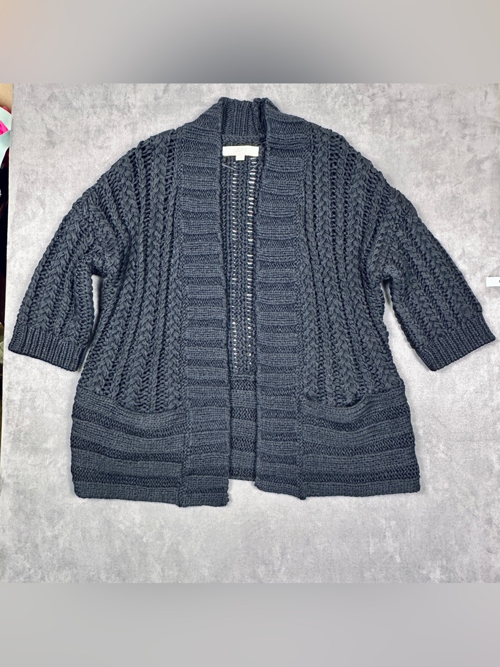 LOFT Navy Blue Chunky Cable Knit Open Front Cardigan Sweater XS/S Pockets
